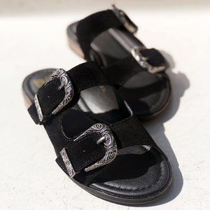NEW Black Faux Suede Western Metal Buckled Straps Slides Slip On Sandals Shoes